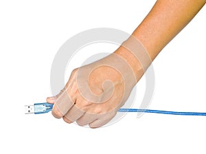 Hand holding USB cable isolated on white background