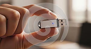 A hand is holding a USB