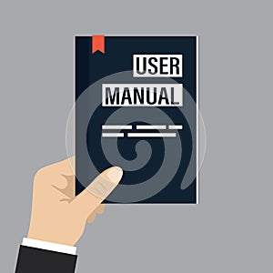 Hand holding user manual. User guide or FAQ. Cartoon textbook isolated on grey background