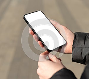 Hand holding, using mobile phone screen mockup, empty blank smartphone frame