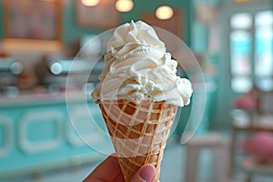 Hand holding vanilla ice cream scoop in a waffle cone against parlor background. Generative AI