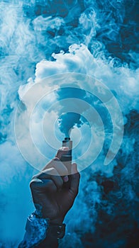 Hand holding a vaping device with smoke