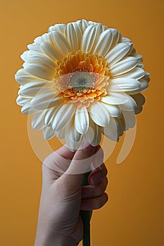 Hand Holding a Vibrant Gerbera Daisy Against Orange Background