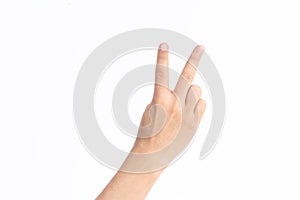 Hand holding the victory sign  in front of the white background