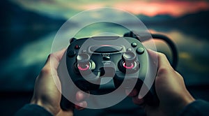 hand holding video controller, close-up of hand holding gamepad, gamer playing game with gamepad