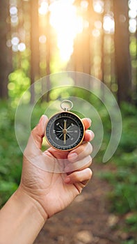 Hand holding a vintage compass on a sunlit forest path with green bokeh background