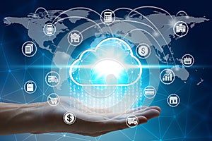 Hand holding with virtual cloud computing icon over the Network connection, Cyber Security Data Protection Business Technology