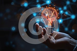 Hand holding virtual lightbulb with brain creative, smart thinking concept
