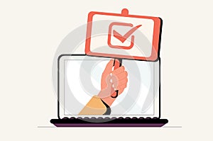 Hand holding vote banner on laptop design, President election government and campaign theme Vector illustration