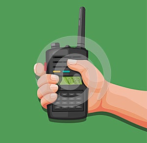 Hand holding walkie talkie. radio telephone communication symbol concept in cartoon illustration vector