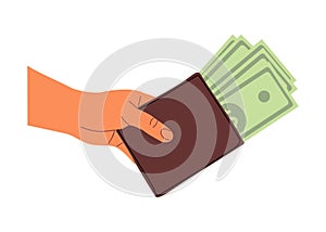 Hand holding wallet with cash money vector icon.