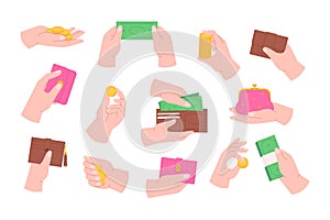 Hand holding wallets, coins and banknotes. Open and close wallet. Human doing payment, puts money in purse. Flat racy