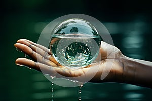 Hand holding water drop, environment issue, scarcity of resources, world water day