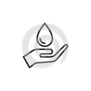 Hand holding water drop line icon, outline vector sign, linear style pictogram isolated on white.