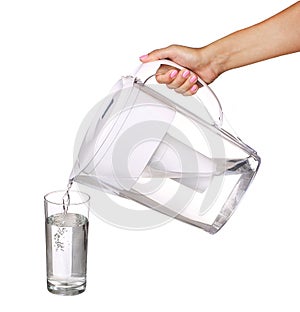 Hand holding water filter jug and pouring water into a glass