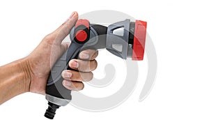 Hand holding water nozzle isolated