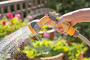 Hand holding a watering hose spray gun.