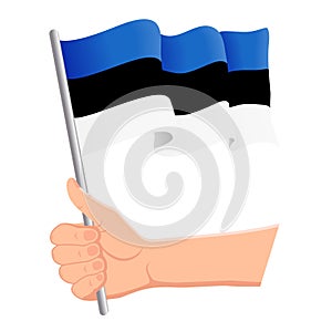 Hand holding and waving the national flag of Estonia. Fans, independence day, patriotic concept. Vector illustration