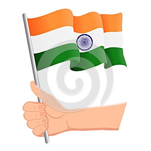 Hand holding and waving the national flag of India. Fans, independence day, patriotic concept. Vector illustration