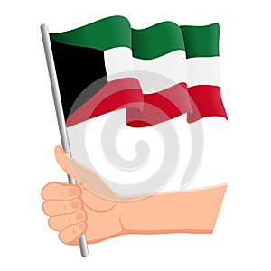 Hand holding and waving the national flag of Kuwait. Fans, independence day, patriotic concept. Vector illustration