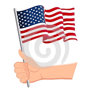 Hand holding and waving the national flag of United States Of America. Fans, independence day, patriotic concept. Vector