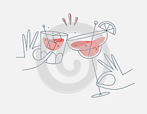 Hand holding whiskey and margarita clink glasses beige