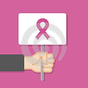Hand holding white board. Pink ribbon awareness symbol. Breast cancer month. Concept of protest. Vector illustration, flat style