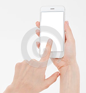 Hand holding white cellphone isolated on white clipping path inside. Online shopping. Top view. Mock up. Copy space. Template.Blan