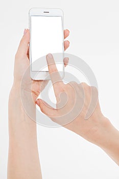 Hand holding white cellphone isolated on white clipping path inside. Online shopping. Top view. Mock up. Copy space. Template.Blan