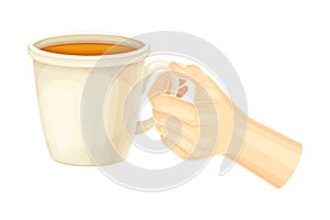 Hand holding white ceramic mug of tea vector illustration