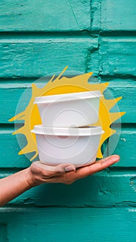 Hand holding white containers, turquoise background, styrofoam vessels, pop of yellow, casual indulgence