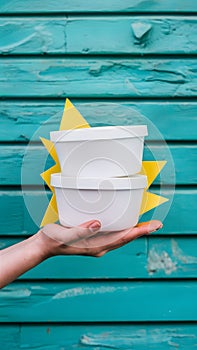 Hand holding white containers, turquoise background, styrofoam vessels, pop of yellow, casual indulgence