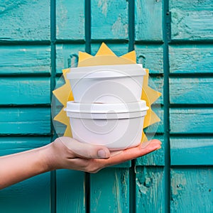 Hand holding white containers, turquoise background, styrofoam vessels, pop of yellow, casual indulgence