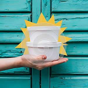 Hand holding white containers, turquoise background, styrofoam vessels, pop of yellow, casual indulgence