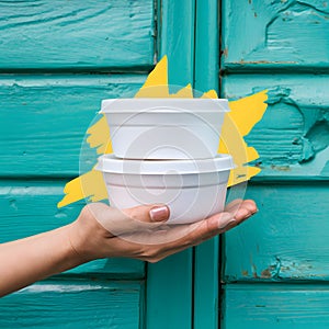 Hand holding white containers, turquoise background, styrofoam vessels, pop of yellow, casual indulgence