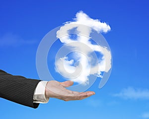 Hand holding white dollar sign shape cloud with blue sky