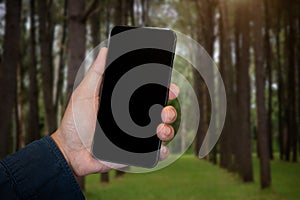 Hand holding white mobile phone with blank white screen in forest