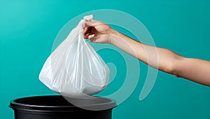 Hand holding a white plastic trash bag over a black bin with blue background