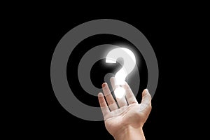 Hand holding white question mark icon symbol.