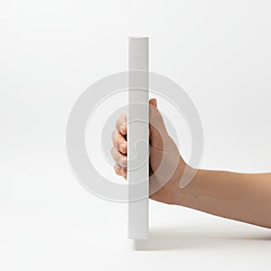 A hand holding a white rectangular object against a plain background
