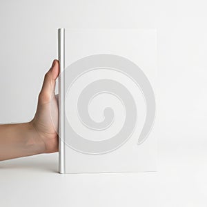 A hand holding a white rectangular object against a plain white background