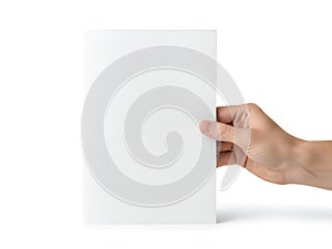 A hand holding a white rectangular object in front of a plain white background