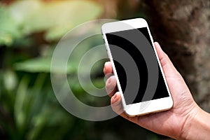 A hand holding white smart phone with blank black desktop screen in outdoor with blur green nature background