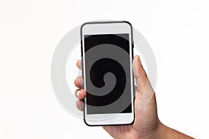 Hand holding white smartphone with Blank black screen isolated on white background