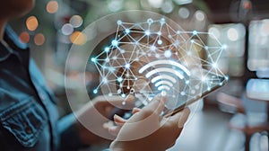 Hand Holding WiFi Router with Network Connection Icon. Technology WiFi, router, network, connection, internet photo