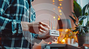 Hand Holding WiFi Router with Network Connection Icon. Technology WiFi, router, network, connection, internet photo
