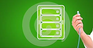 Hand holding wire connection with server icon