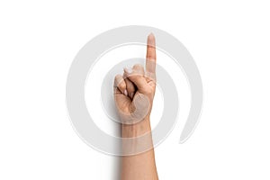 Hand holding. Woman hand isolated on white background. Female arm gesture. Digital and communication concept.