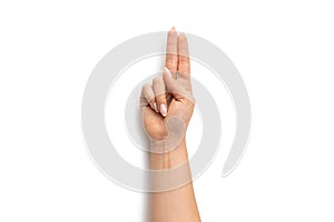 Hand holding. Woman hand isolated on white background. Female arm gesture. Digital and communication concept.