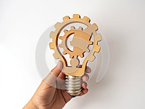 Hand holding wooden cog flowing process management lightbulb shape on white background
